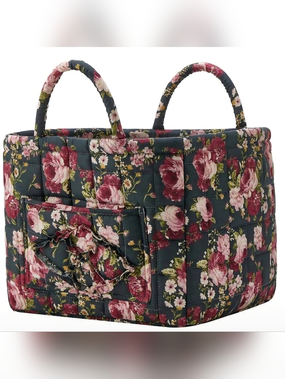 Quilted Floral Storage Tote In Dark Green and Rose. 13 In. Wide  11 In. Deep.